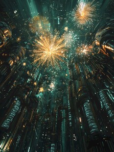 未来都市烟花绚烂景象