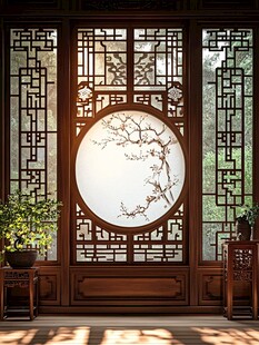 中式雕花窗下的静谧景致