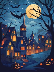 万圣夜奇幻幽灵小镇夜景