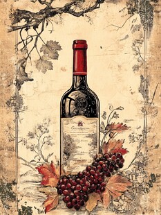 复古风葡萄酒与葡萄装饰画