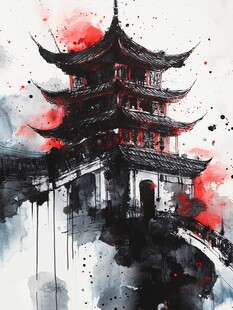 水墨风中式古建筑意境图