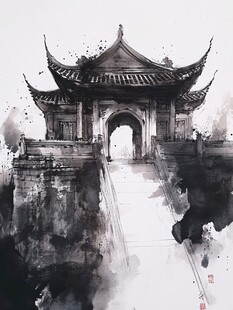 水墨古风亭阁意境图
