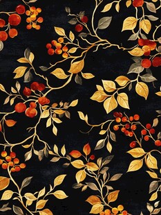 黑色底花卉浆果图案布料