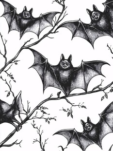 蝙蝠栖息于树枝黑白插画