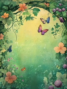 梦幻花卉蝴蝶绿色背景图