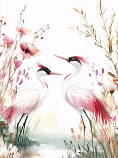 水墨双鹤栖于繁花绿草间