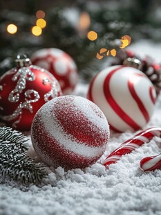圣诞雪景中的节日装饰球
