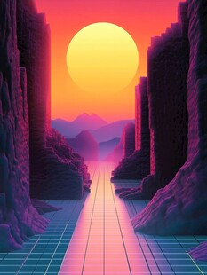 梦幻夕阳下的科幻峡谷通道