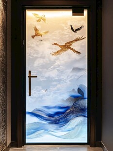 艺术玻璃门 飞鸟云海图案