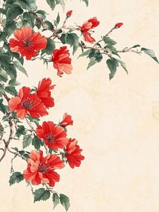 中式红花朵枝叶插画图