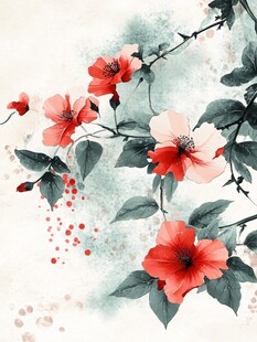 水墨风绽放的娇艳花卉