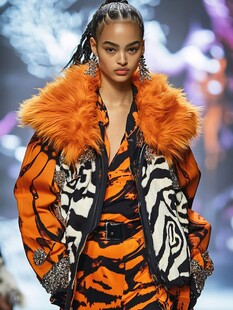 模特身着橙毛领花纹服饰走秀