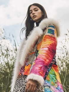 多彩皮草外套时尚女子