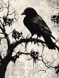 乌鸦立于骷髅树枝间