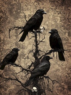 四鸦栖枝伴骷髅图