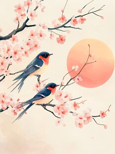 春日双燕栖于繁花枝头
