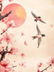 春日花鸟图 桃枝飞鸟映日