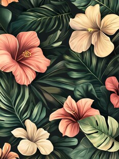热带花卉与绿叶图案设计