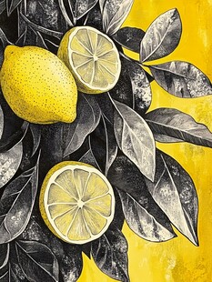 黄底黑白柠檬叶插画