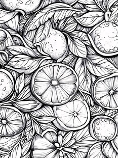 黑白手绘柠檬与叶片图案