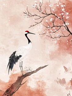 丹顶鹤栖于繁花枝头