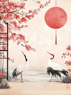 丹顶鹤映繁花中式美景