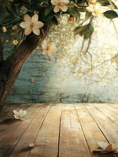 木桌旁的繁花绿意景致