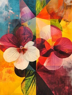 多彩几何背景下的绚丽花朵