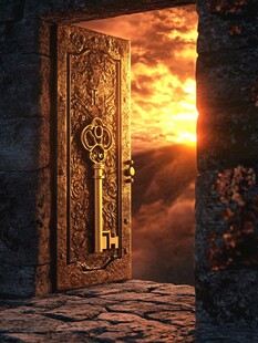 黄昏下的神秘古门与钥匙