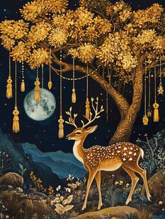月夜下的梦幻小鹿与金树