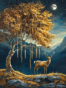 月夜下的鹿与神秘大树
