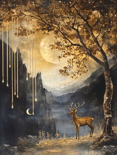 月夜下的灵鹿与奇幻山林