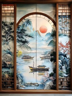 中式山水屏风画景