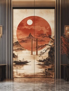 中式玄关山水红日艺术画
