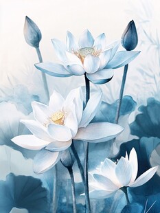 水墨风盛开的清雅白莲花