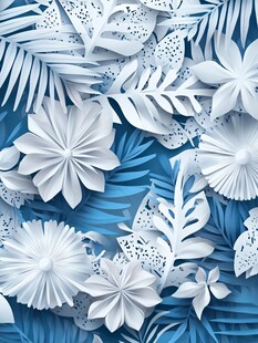 蓝底白色纸艺花卉植物图案