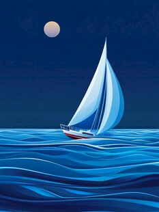 月夜下的航行帆船