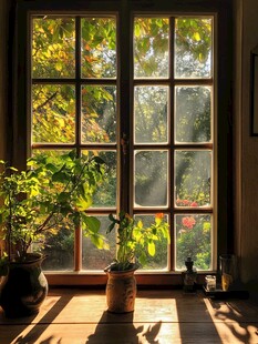 窗边绿植映秋日暖阳