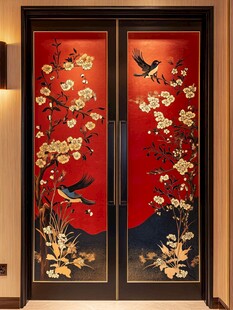 中式花鸟双开红漆大门