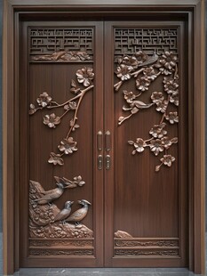 中式雕花双开实木入户门