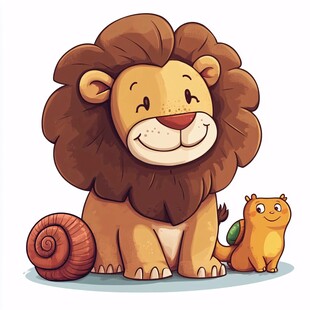 可爱狮子与小动物温馨画面