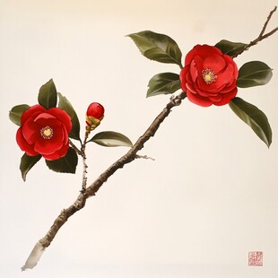 红山茶枝头绽放的艳丽