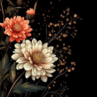 黑底花卉插画 绚烂双菊绽放