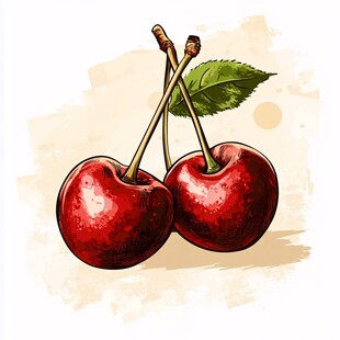 两颗鲜红多汁的樱桃插画
