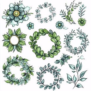 手绘清新绿植花环图案集