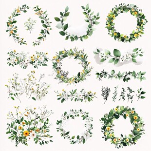 水彩花卉绿叶花环素材集