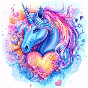 梦幻独角兽与爱心花卉图案