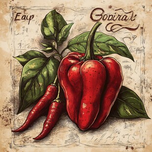 复古风红甜椒与辣椒插画