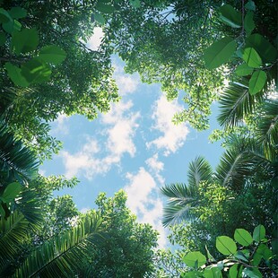 仰望森林中的蓝天白云