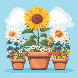 花盆中的多彩花卉插画